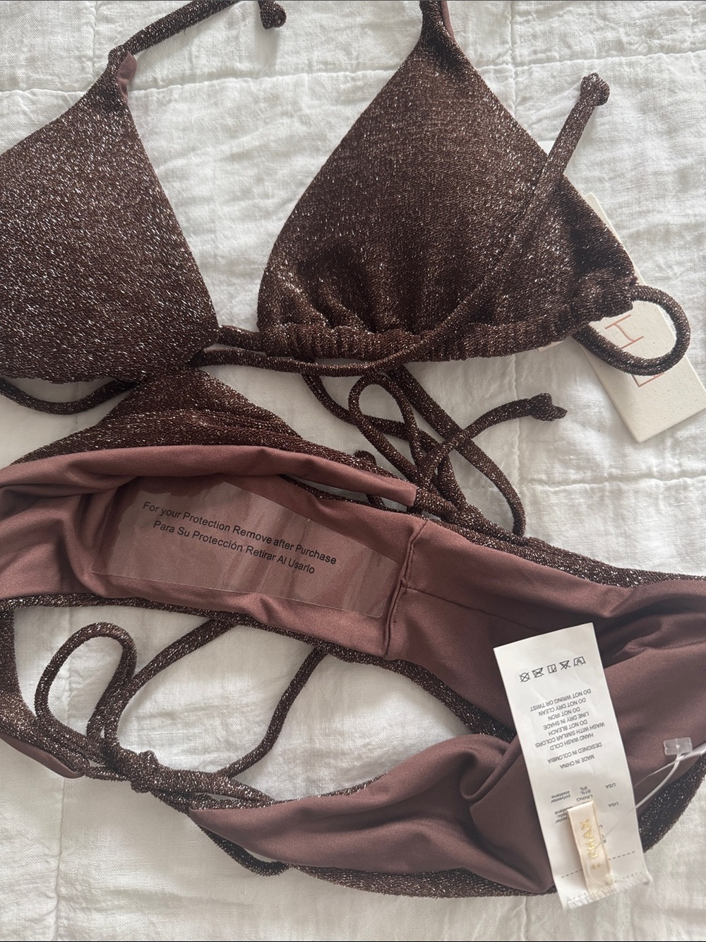Shimmer Brown Sparkle Triangle Bikini Top & Tie-Side Bottoms - Picture 3 of 5